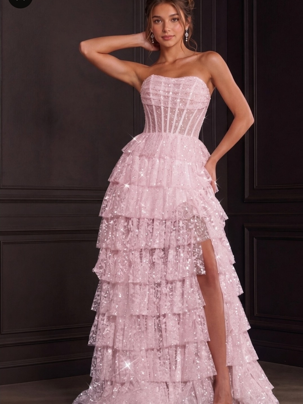 Jovani Strapless Pink Sequin Tiered Gown with Side Slit
